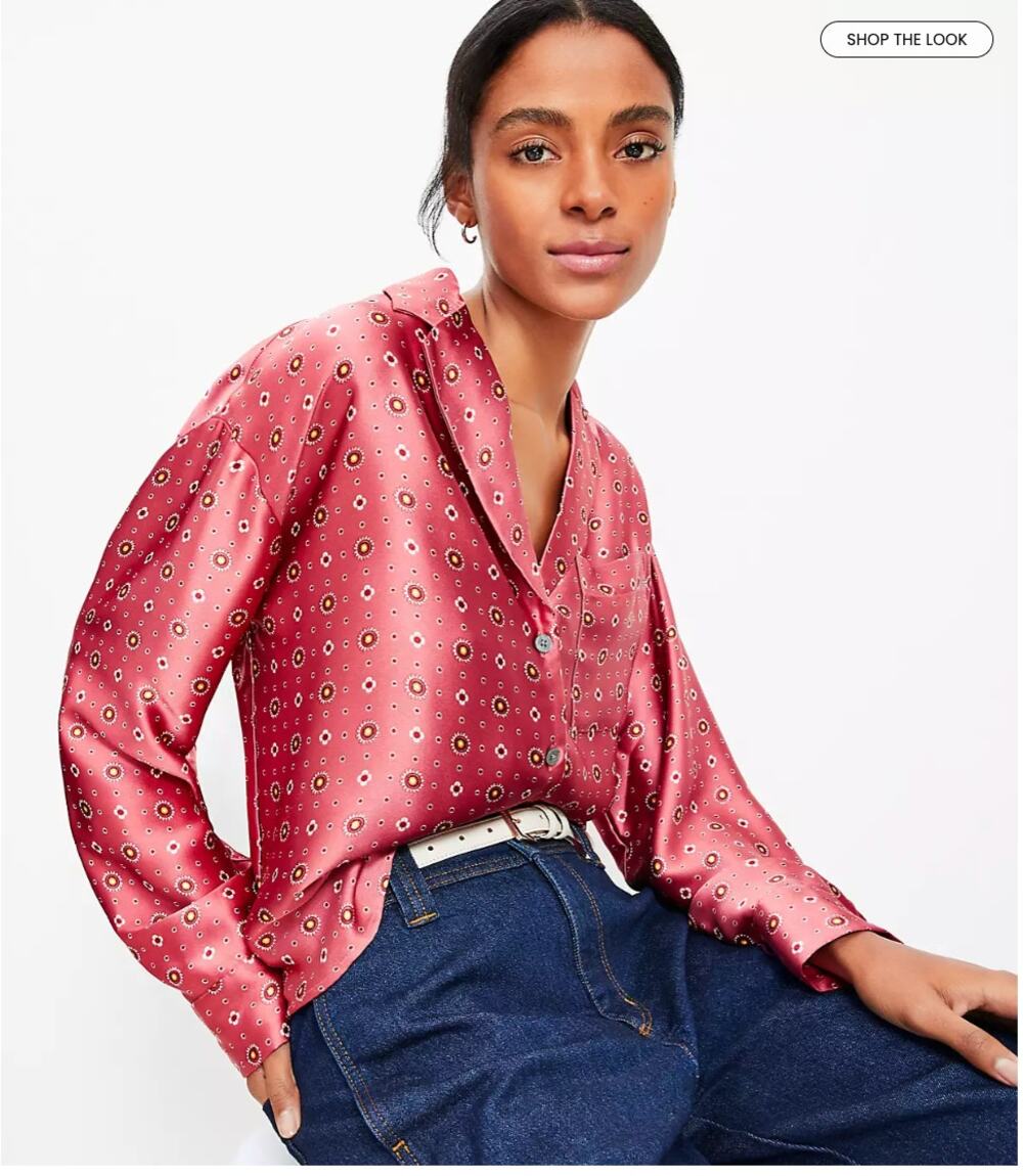 LOFT NWT Mauve Button Down Floral Foulard Lapel Satin Shirt // S